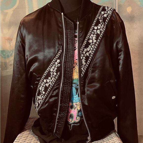 Crystal Amiri Bomber Jacket - Black - size L - Unisex - Silk Bomber Jacket Coat - Picture 8 of 16